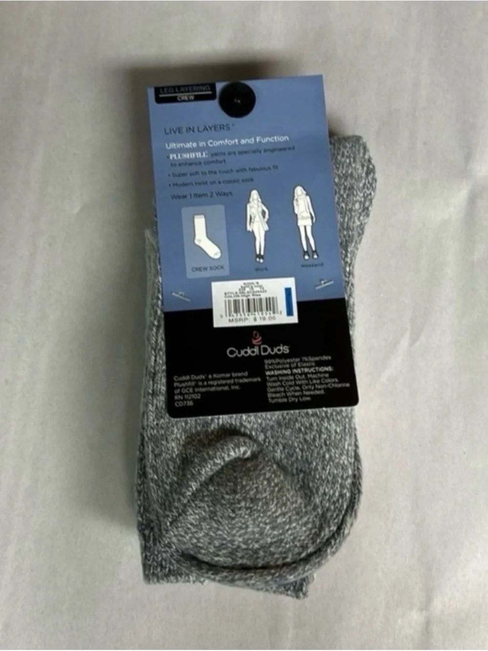 New Cuddl Duds Socks Women’s 2 Pack Gray Soft Leg Layering Crew Socks Casual
